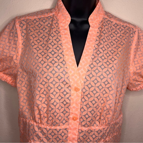 Small Attention Orange Peach Short Sleeve Blouse  Collared Boho Print Semi Sheer - Picture 6 of 12